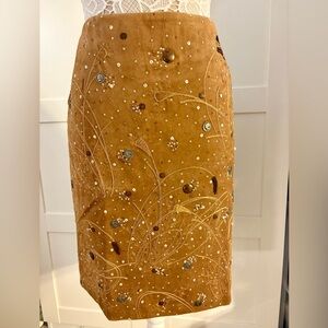 $1500 OSCAR DE LA RENTA BROWN SUEDE EMBROID BEADED PENCIL SKIRT US 14